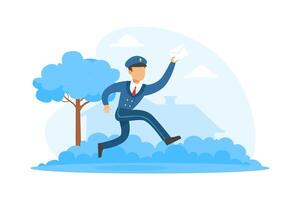 Running Postman Delivering Letter, Mailman in Blue Uniform Delivering Mails to Customers, Delivery Service Concept Illustration. vector