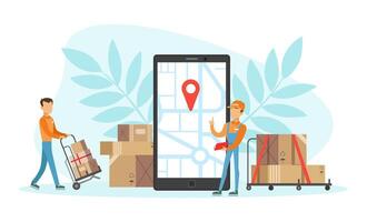 Online Delivery Service, Courier Delivering Parcel Box using Smartphone Mobile App for Online Delivery Trekking Illustration vector
