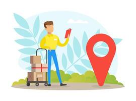 Online Delivery Service, Courier Delivering Parcel Box using Smartphone with Mobile App Illustration vector