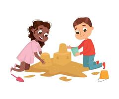 Little Girl and Boy Playing in Sandbox, Kid Having Fun on Playground Cartoon Style Illustration vector