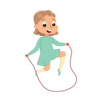 Smiling Girl Jumping with Skipping Rope, Kid Having Fun on Playground Cartoon Style Illustration vector