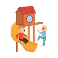 Cute Little Boys Playing on Slide, Kids Having Fun on Playground Cartoon Style Illustration vector