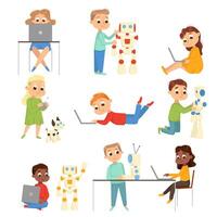 Kids Programmer Characters Set, Boys and Girls Using Computers, Creating and Programming Smart Robots, Kids Educational Projects Cartoon Style Illustration vector