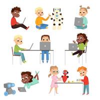 Kids Programmer Characters Set, Boys and Girls Using Computers, Creating and Programming Smart Robots, Electronics Education Concept Cartoon Style Illustration vector