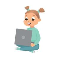Lovely Little Girl Sitting on Floor with Crossed Legs Using Laptop Computer, Online Education or Course, Kid Programmer Character Cartoon Style Illustration vector