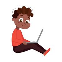 Cute Little African American Boy Using Laptop Computer, Online Education or Courses, Kid Programmer Character Cartoon Style Illustration vector