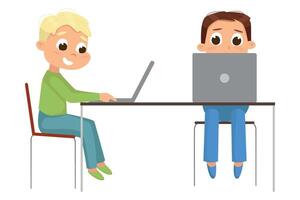Two Boys Using Laptop Computer at Workplace, Online Education or Courses, Kid Programmer Character Cartoon Style Illustration vector