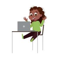 Cute Smiling African American Girl Using Laptop Computer at Desk, Online Education or Courses, Kid Programmer Character Cartoon Style Illustration vector