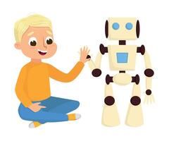 Boy Playing with Smart Robot, Electronics Education, High Tech Hardware Engineering Cartoon Style Illustration vector