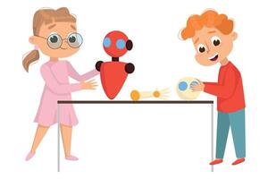 Cute Girl and Boy Creating and Programming Smart Robot, Kids Programmer Characters, Children Educational Project Cartoon Style Illustration vector