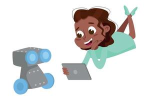Cute Smiling African American Girl Programming Smart Robot, Kid Programmer Character Cartoon Style Illustration vector