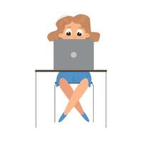 Cute Girl Using Laptop Computer at Desk, Front View, Online Education or Courses, Kid Programmer Character Cartoon Style Illustration vector