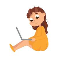 Cute Little Sitting on Floor Using Laptop Computer, Online Education or Courses, Kid Programmer Character Cartoon Style Illustration vector