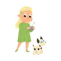 Cute Girl Creating and Programming Smart Dog Robot, Electronics Education, High Tech Hardware Engineering Cartoon Style Illustration vector