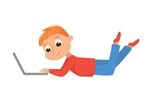Cute Little Boy Lying on Floor on his Stomach Using Laptop Computer, Online Education or Courses, Kid Programmer Character Cartoon Style Illustration vector