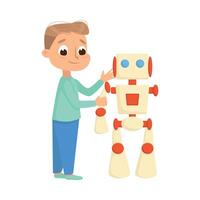 Boy Creating and Programming Smart Robot, Electronics Education, High Tech Hardware Engineering Cartoon Style Illustration vector