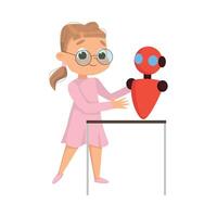 Cute Girl Creating and Programming Smart Robot, Kids Educational Project Cartoon Style Illustration vector