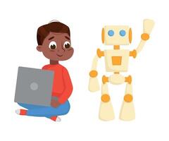 Boy Programming Smart Robot, Electronics Education, High Tech Hardware Engineering Cartoon Style Illustration vector