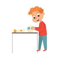 Cute Little Boy Creating and Programming Smart Robot, Kids Educational Project Cartoon Style Illustration vector