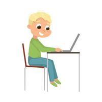 Cute Little Boy Using Laptop Computer at Workplace, Online Education or Courses, Kid Programmer Character Cartoon Style Illustration vector