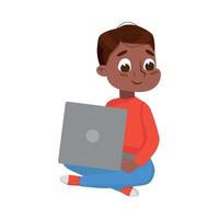 Cute Little Boy Sitting on Floor with Crossed Legs Using Laptop Computer, Online Education or Course, Kid Programmer Character Cartoon Style Illustration vector