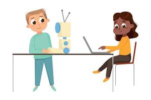 Cute Girl and Boy Creating and Programming Smart Robot, Kids Educational Project Cartoon Style Illustration vector