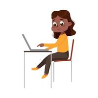 Cute Little African American Girl Using Laptop Computer at Workplace, Online Education or Courses, Kid Programmer Character Cartoon Style Illustration vector