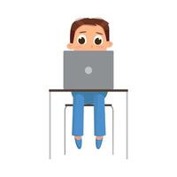 Cute Boy Using Laptop Computer at Workplace, Front View, Online Education or Courses, Kid Programmer Character Cartoon Style Illustration vector