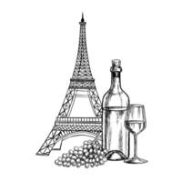 A bottle of white wine, a glass and grapes on the background of the Eiffel Tower. Hand-drawn illustration. For packages and labels. For banners and posters. For restaurants, bars and more. vector