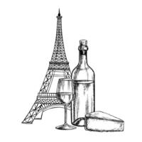 A bottle of white wine, a glass, and French cheese in front of the Eiffel Tower. , hand-drawn graphic illustration. French cheese and wine. For packaging and labels. For banners and posters. vector