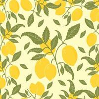 Tropical seamless pattern with yellow lemons. Fruit repeated background. Bright print for fabric or wallpaper. vector