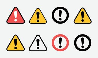 Exclamation mark warning icons set in different colors and shapes vector