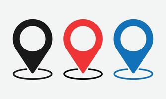 Set of three location pin icons in black red and blue vector