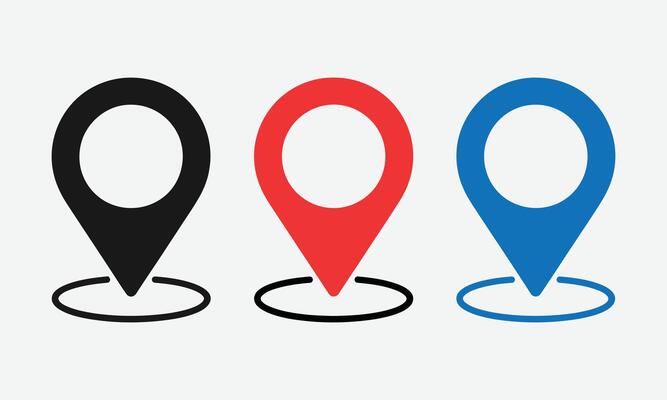 Set of three location pin icons in black red and blue