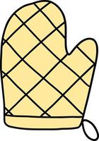 Kitchenware hand drawn doodle, Yellow quilted oven mitt with a loop for hanging. vector