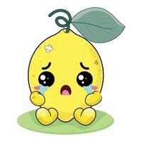 Sad And Crying Lemon Cartoon Character With Wound On His Body Sitting On The Green Grass vector