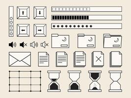 Set of retro computer interface design elements, buttons, documents and folders symbols, interfaces and loading bars in 2000s aesthetics. illustration and graphic design elements. vector