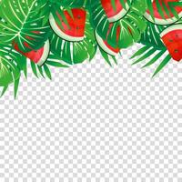 Slices of watermelons are arranged across a background of colorful leafs vector