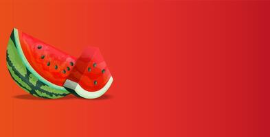 Slices of watermelon with a bright red interior are arranged against a vibrant red background vector