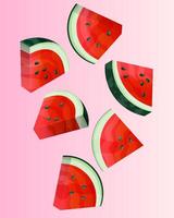 Slices of watermelon with a vivid red interior and green rind are arranged on a bright background vector