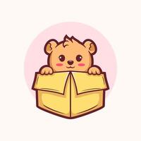 Cartoon bear is peeking out of a cardboard box. The bear is cute and has a big smile on its face vector