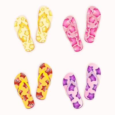 Four pairs of flip flops displayed, each featuring a unique color and star patterns