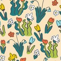 seamless pattern with blooming flowers in hand drawn style vector