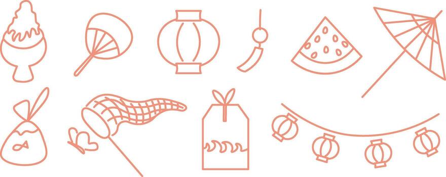 japanese summer snacks and objects set in linear doodle style vector