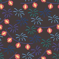 seamless pattern with fireworks and lantern at night vector