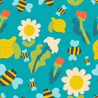 seamless pattern with flowers bees and lemons in hand drawn style vector