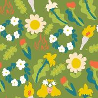 seamless pattern with flowers in hand drawn style on green vector