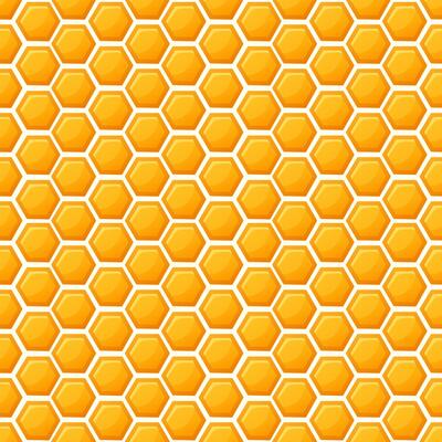 Honeycomb seamless pattern of golden hexagonal cells filled with sweet honey on bright background