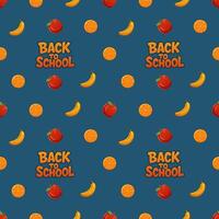 Playful seamless Back to School pattern with apples, bananas, orange slices and bold lettering on a deep-blue background vector