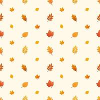 Seamless autumn leaf pattern featuring oak maple birch rowan and beech leaves on a light cream background vector